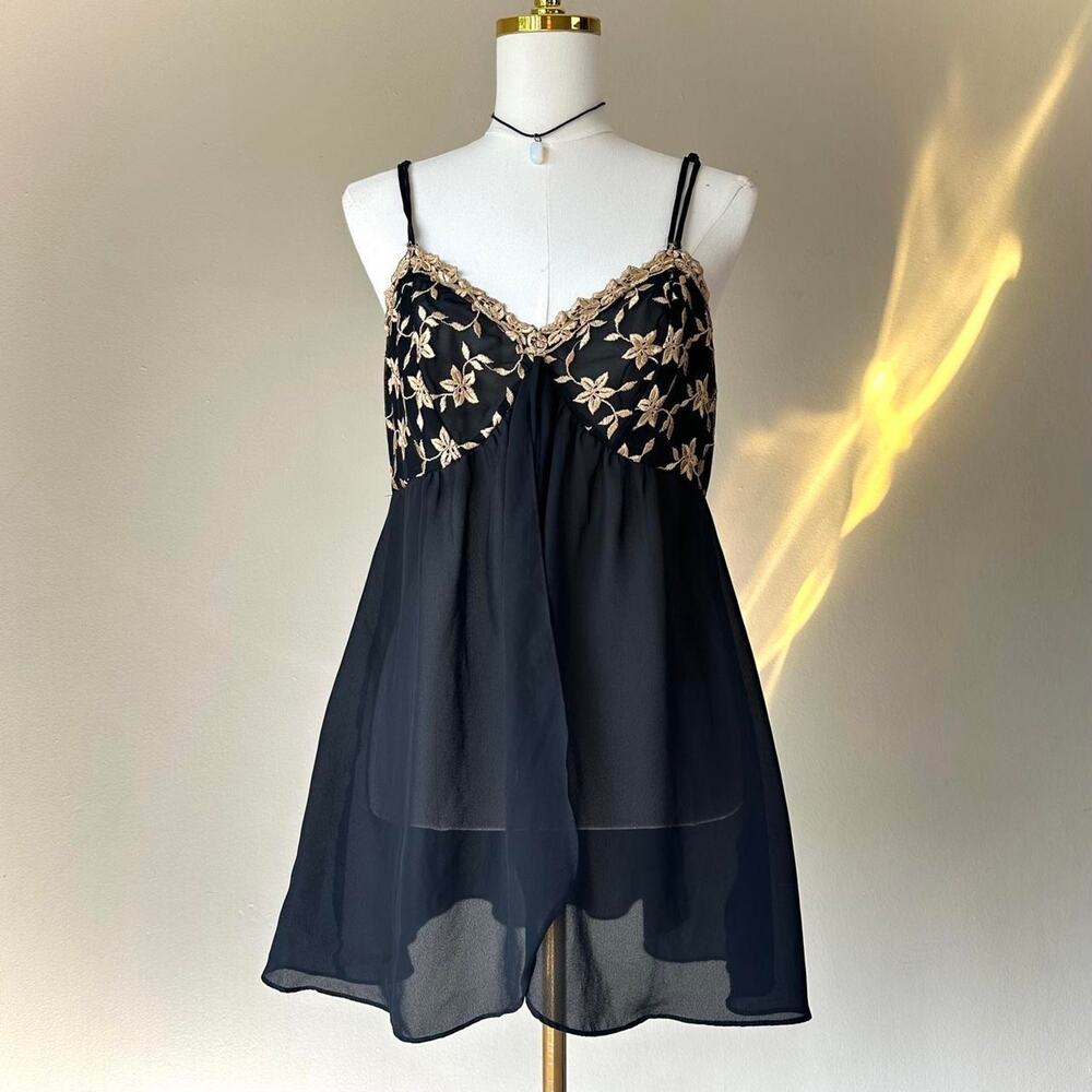 Delicates Babydoll Slip Dress Est Large Black Sheer Gold Floral Embroidery Y2K